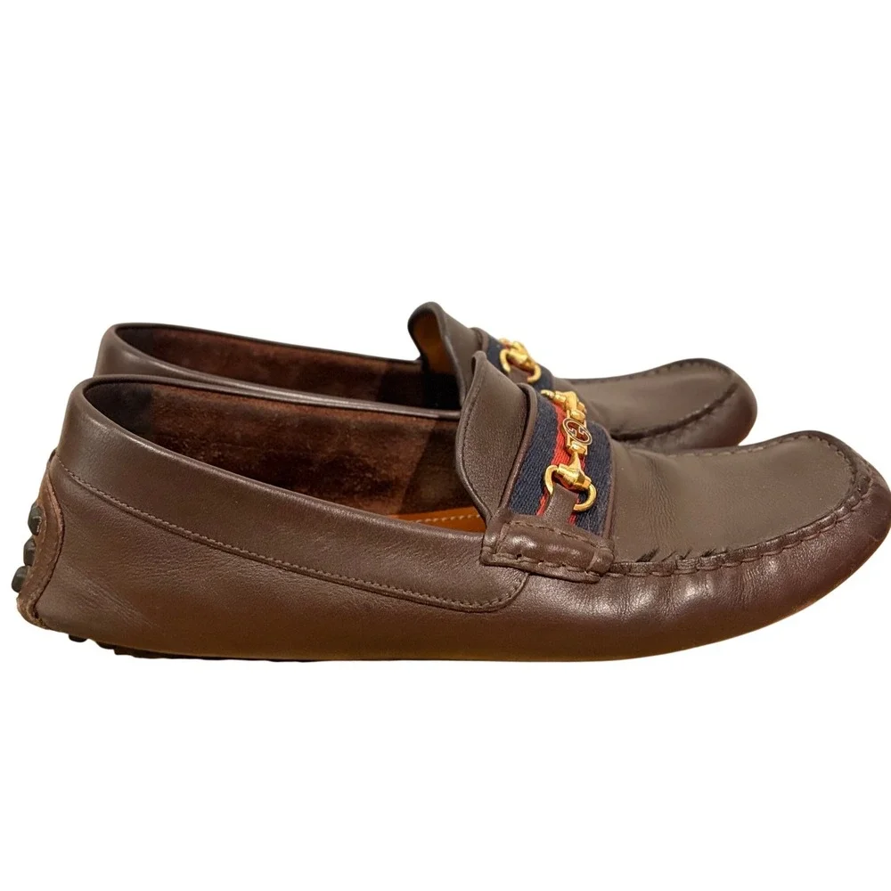Gucci Ayrton Authentic Brown Leather Web Stripe Horsebit Driving Loafers Size 9